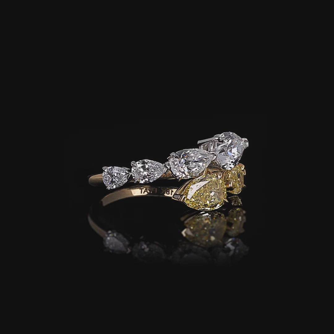 Two-Stone Yellow and White Diamond Pear-Shaped Ring in Platinum and Yellow Gold