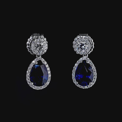 8.97 CT. Halo Pear Cut Blue Sapphire and Round Brilliant Diamond Drop Earrings in Platinum