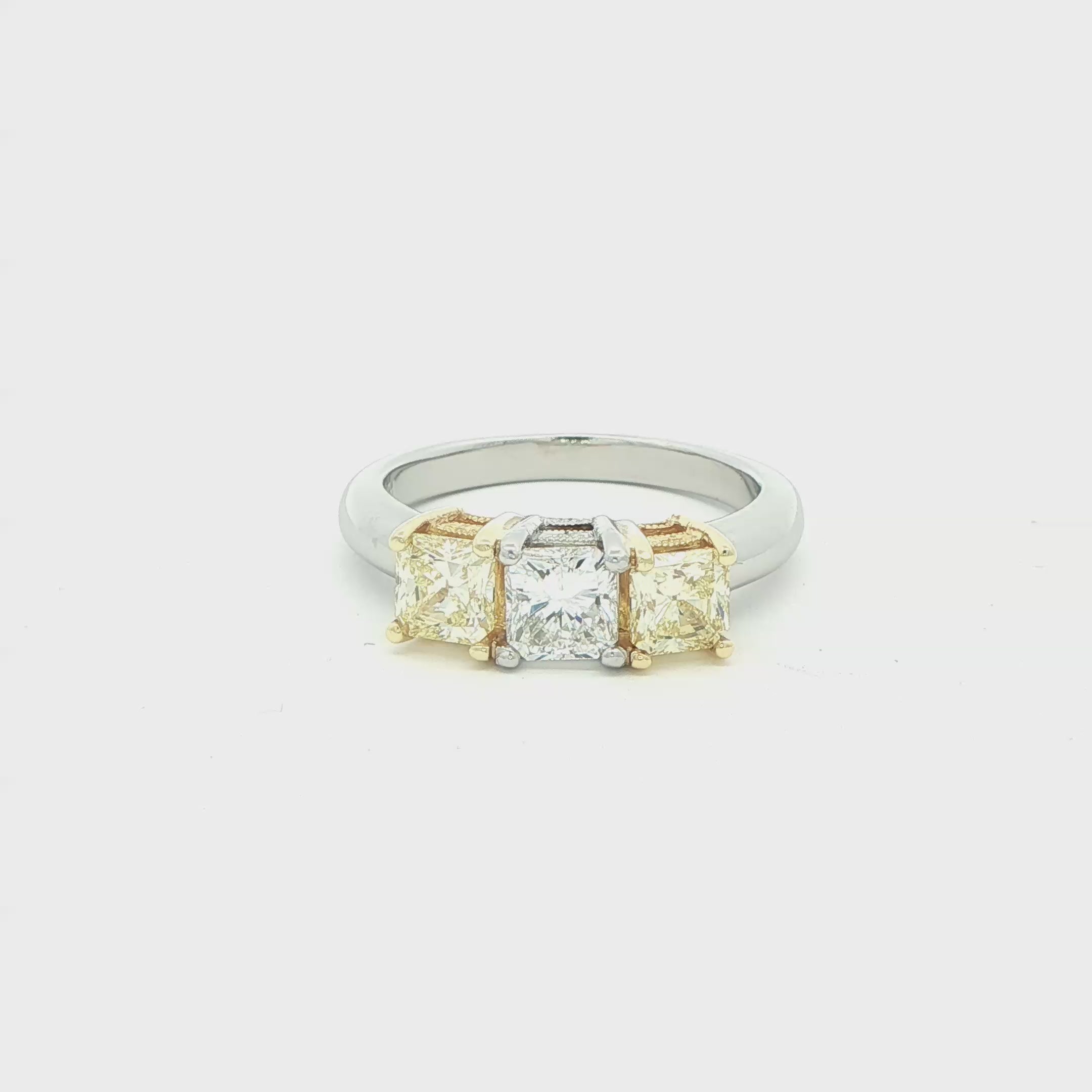 1.71 CT. Three Stone Ring with White and Fancy Yellow Radiant Cut Diamonds in 18K Yellow Gold and Platinum