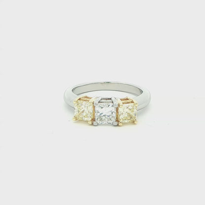 1.71 CT. Three Stone Ring with White and Fancy Yellow Radiant Cut Diamonds in 18K Yellow Gold and Platinum