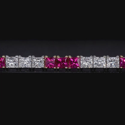 10.48 CT. Princess Cut Ruby and Diamond Tennis Bracelet in 14K White Gold and Yellow Gold