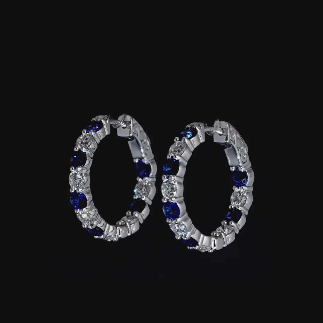 3.9 CT. Alternating Round Brilliant Blue Sapphire and Diamond Hoop Earrings in 14k White Gold