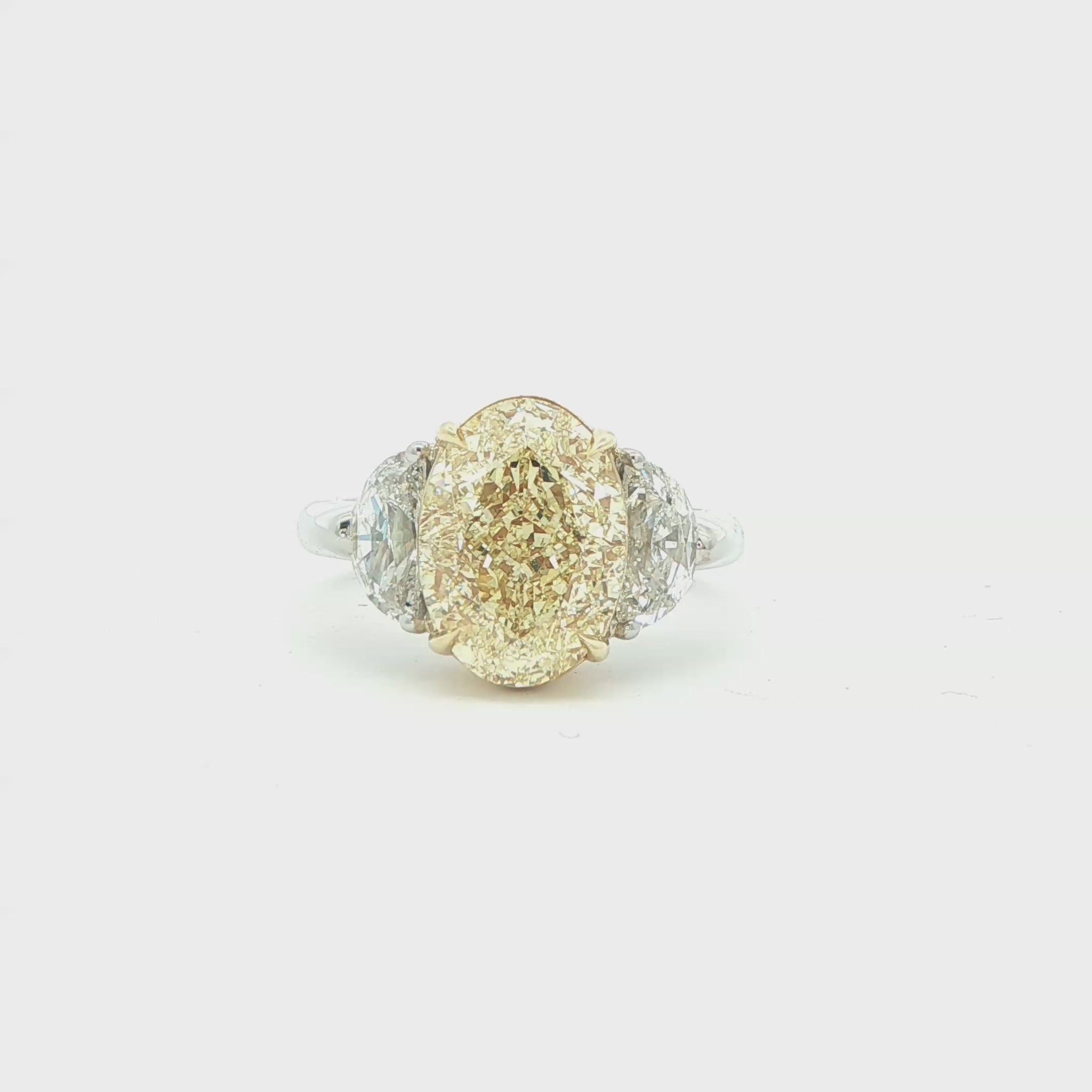 5.57 CT. Yellow Oval and Half Moon Diamond Three Stone Ring in 18K Yellow Gold and Platinum - Engagement Rings