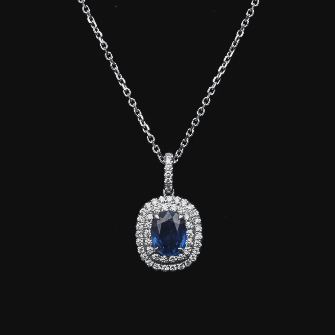 2.34 CT. Oval Cut Blue Sapphire and Round Brilliant Diamond Halo Pendant Necklace in 14k White Gold