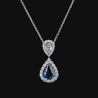 2.94 CT. Pear Cut Blue Sapphire and Diamond Pendant Necklace in 14K White Gold