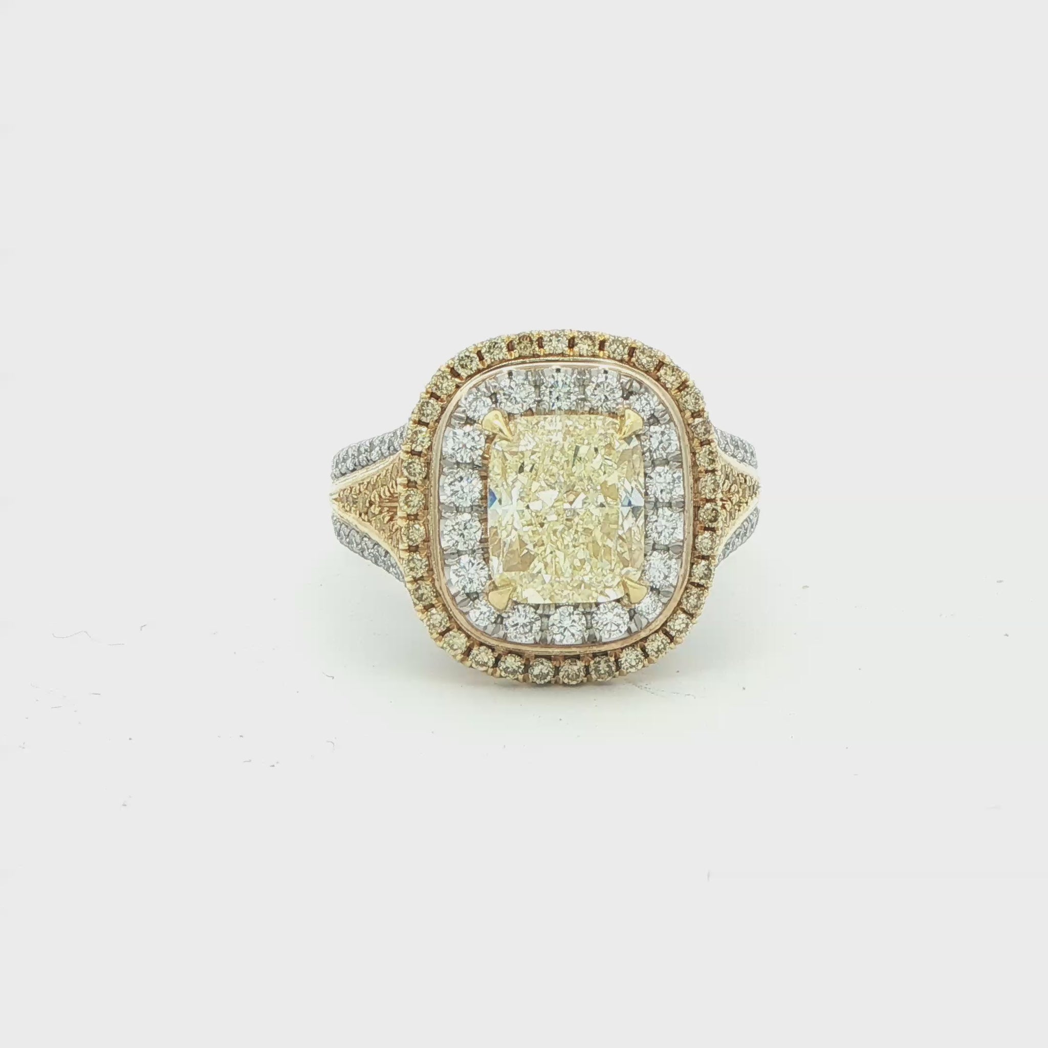 3.14 CT. Fancy Light Yellow Cushion Cut Double Halo Ring in 18K Yellow Gold and Platinum -