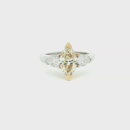 2.46 CT. Three Stone Ring with Fancy Light Yellow Marquise and Pear Diamonds in 18K Yellow Gold and Platinum - Engagement Rings