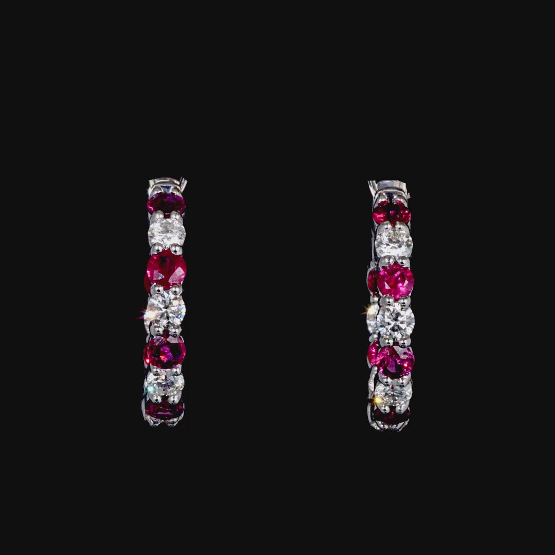 4.41 CT. Alternating Round Brilliant Diamond and Ruby Hoop Earrings in 14K White Gold