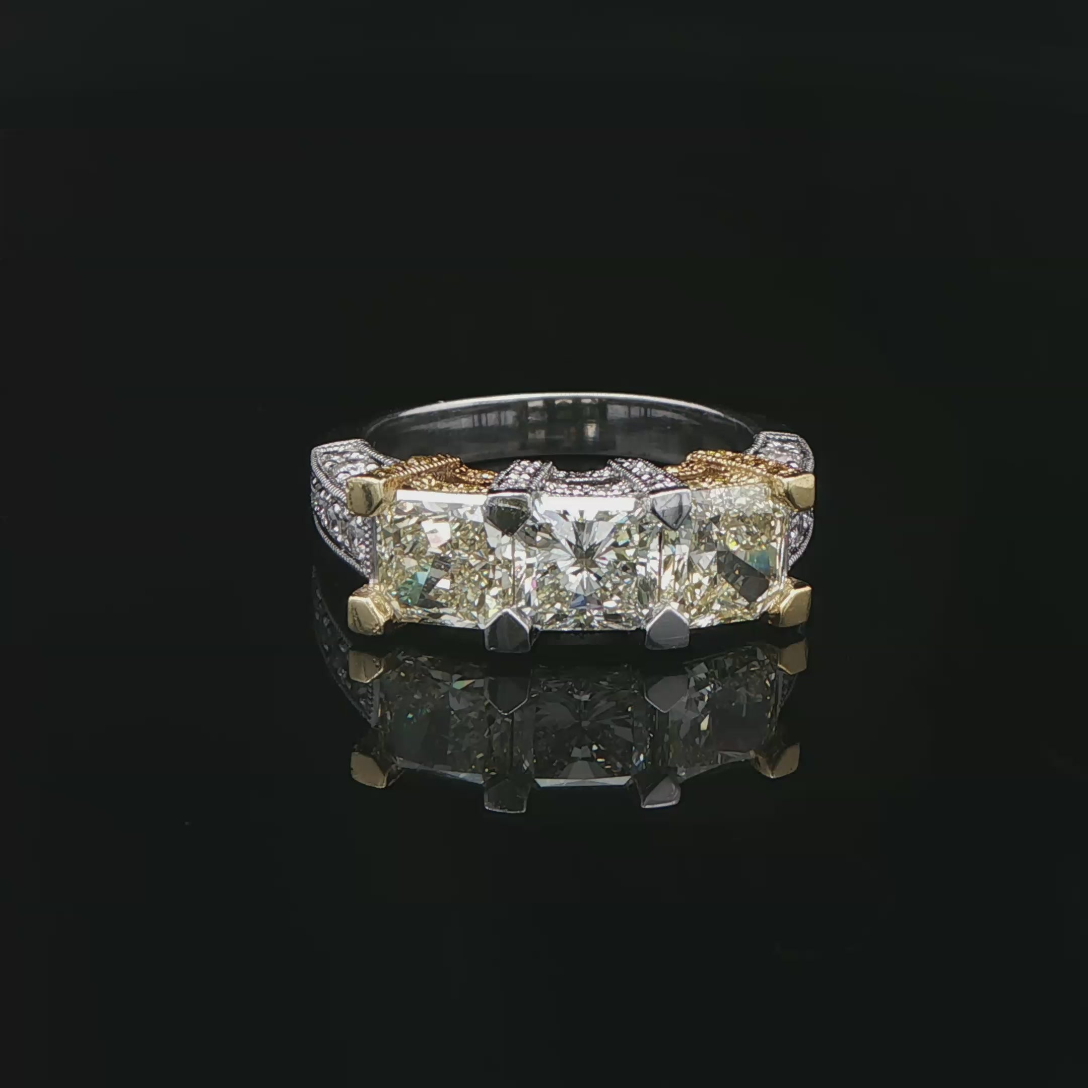 3.11 CT. Three Stone Ring with Fancy Yellow and White Radiant Cut Diamonds in 18K Yellow Gold and Platinum