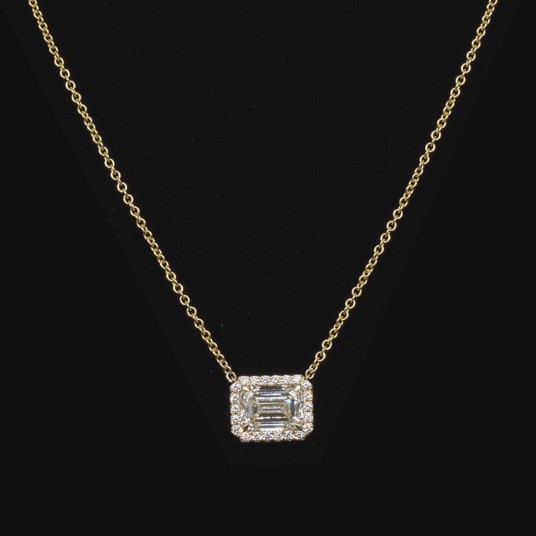 3.23 CT. Halo Emerald Cut Diamond Pendant Necklace in 14K Yellow Gold