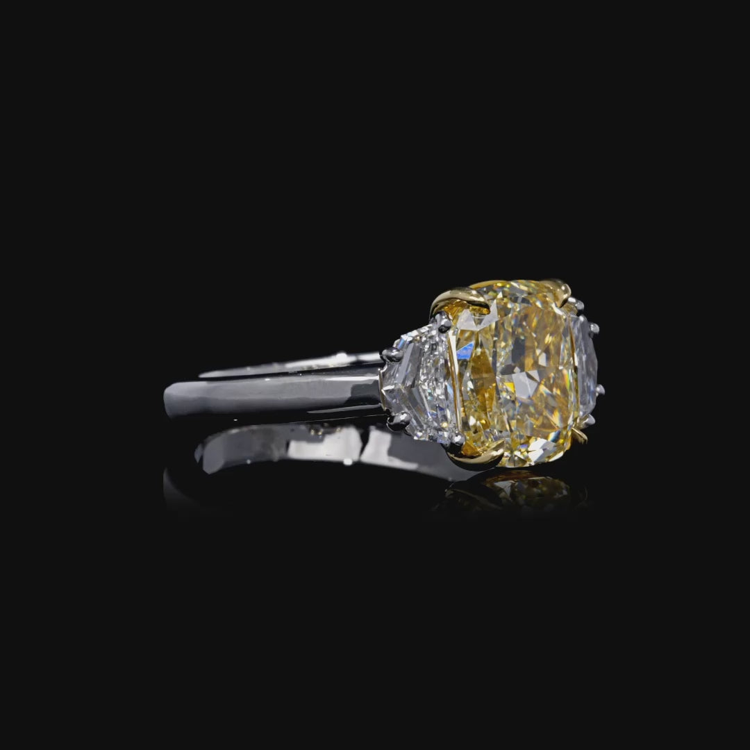 3.61 CT. Cushion Cut YZ Yellow Diamond Three Stone Ring in Platinum