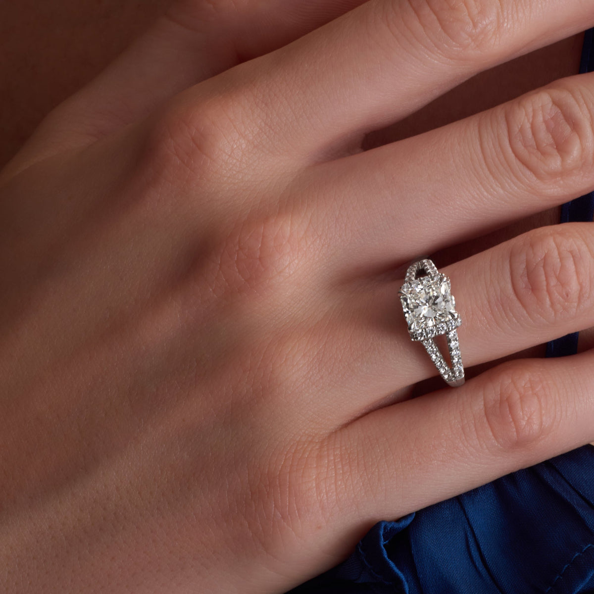 2.74 CT. Radiant Cut Diamond with Round Brilliant Halo and Split Pave Band in Platinum - worn on model