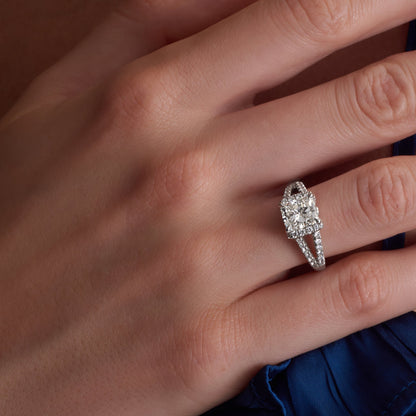 2.74 CT. Radiant Cut Diamond with Round Brilliant Halo and Split Pave Band in Platinum - worn on model