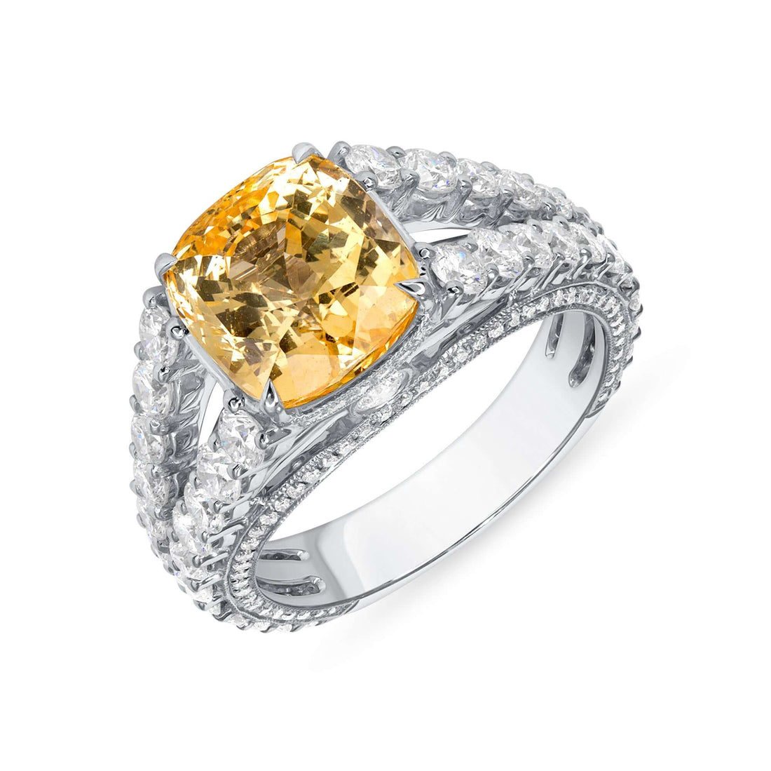 6.39 CT Cushion Cut Yellow Sapphire and Round Brilliant Diamond Ring in 18K White Gold - Pavé Ring
