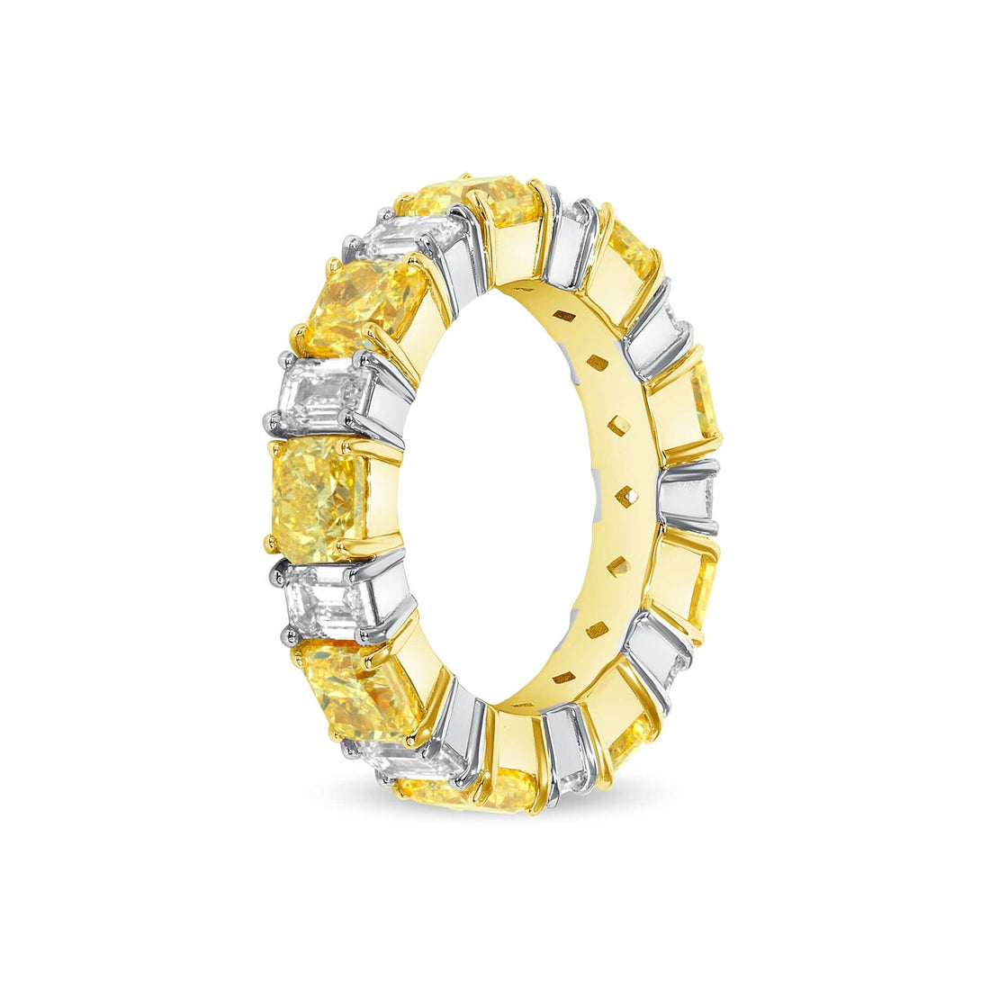 7.12 CT. Alternating Cushion Cut Fancy Intense Yellow Diamond and Emerald Cut Diamond Ring in 18K Yellow Gold and Platinum - Eternity Ring