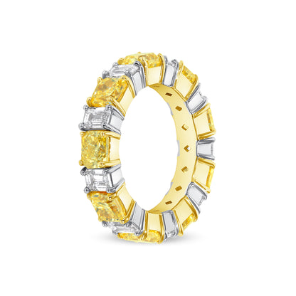 7.12 CT. Alternating Cushion Cut Fancy Intense Yellow Diamond and Emerald Cut Diamond Ring in 18K Yellow Gold and Platinum