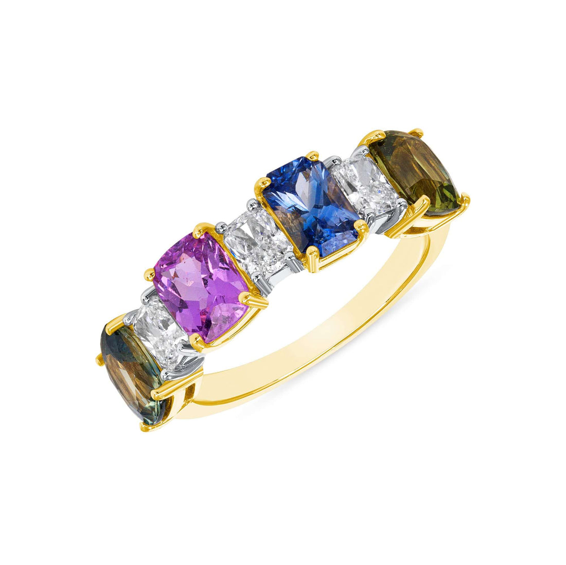 4.06 CT. Multi-Color Sapphire and Radiant Cut Diamond Band in 14K White and Yellow Gold - Half Eternity Ring