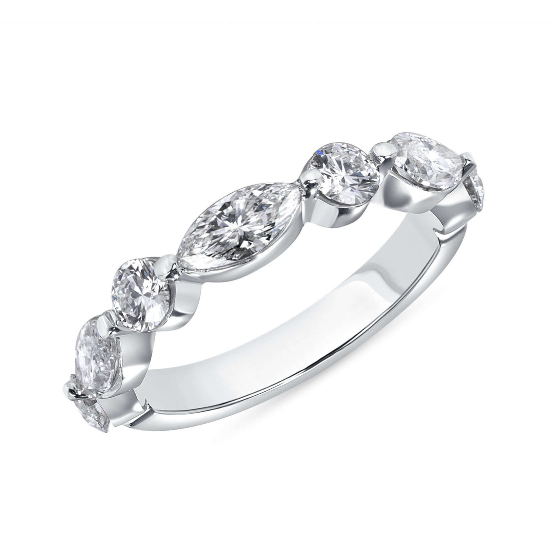 1.32 CT. Alternating Round Brilliant and Marquise Cut Diamond Half Eternity Band in Platinum - Half Eternity Ring