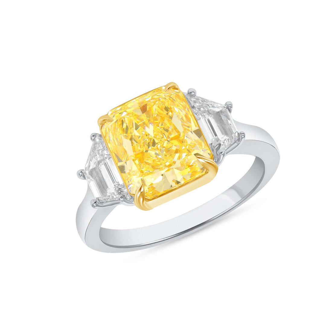 4.89 CT. Radiant Cut WX Yellow Diamond and Trapezoid Diamond Three Stone Ring in 18K Yellow Gold and Platinum - Three Stone Ring