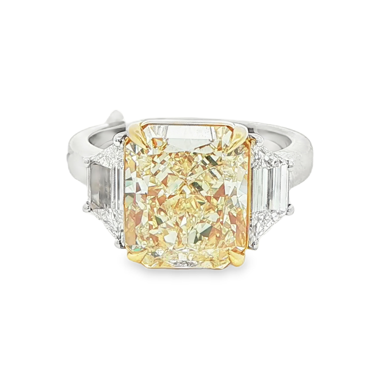 7.01 CT radiant cut YZ yellow diamond three stone ring front view