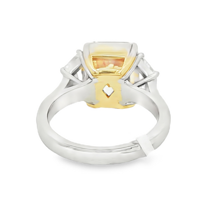 Yellow diamond three stone ring back view with 18K yellow gold basket