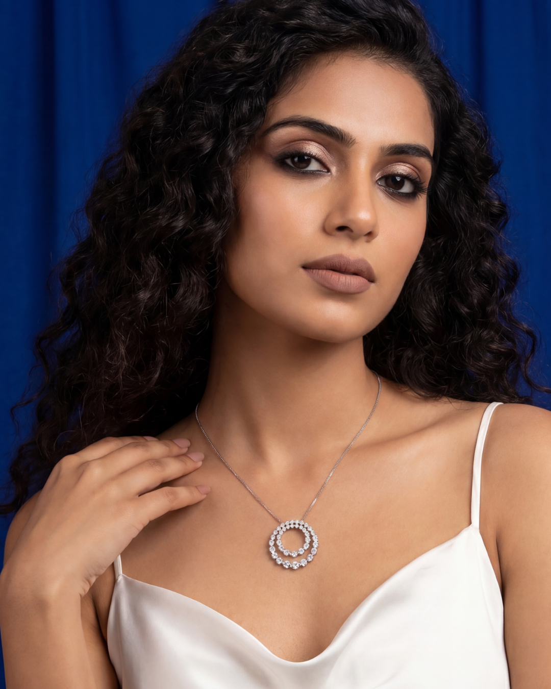 2.26 CT Round Brilliant Diamond Double Hoop Pendant Necklace in 14K White Gold, worn on model - fine jewelry in San Francisco