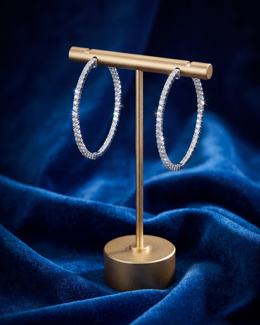 3.48 CT Round Brilliant Diamond Hoop Earrings in 14K White Gold, worn on model, view 1 - fine jewelry in San Francisco