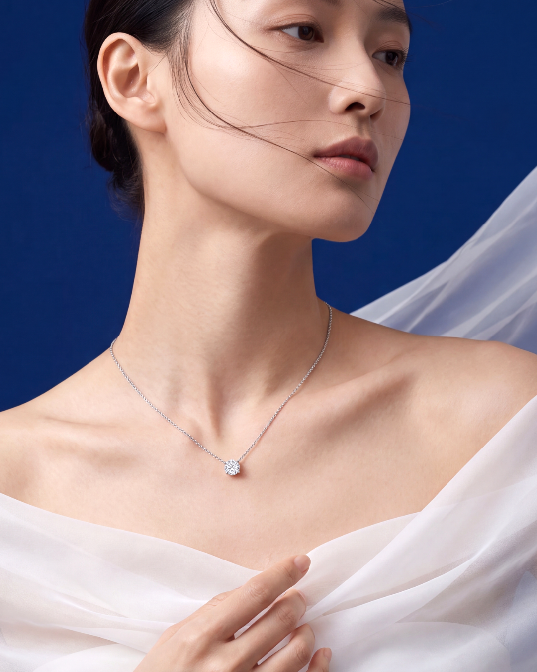 1.02 CT Round Brilliant Diamond Pendant Necklace in 14K White Gold, worn on model - fine jewelry in San Francisco