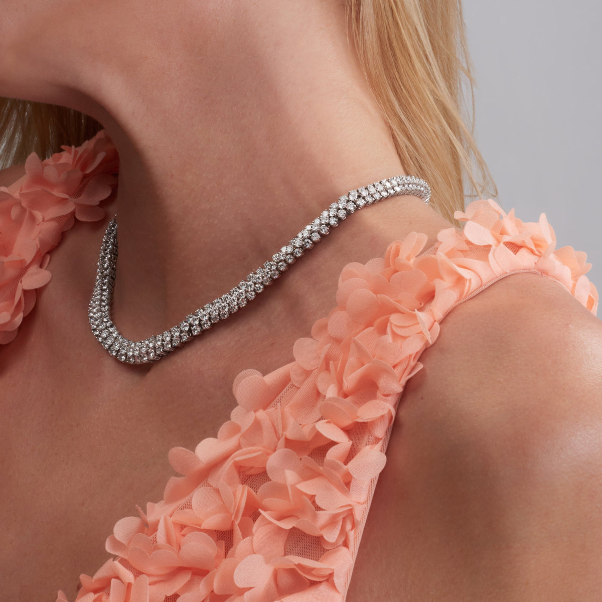 37.25 CT. Round Brilliant Diamond Stacked Tennis Necklace in 18K White Gold - worn on model