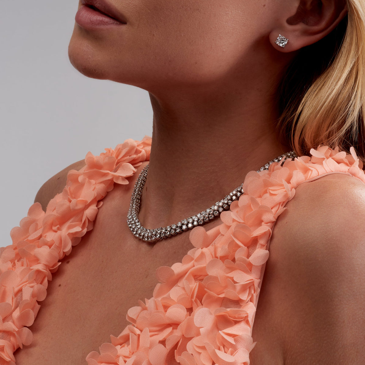 37.25 CT. Round Brilliant Diamond Stacked Tennis Necklace in 18K White Gold - worn on model