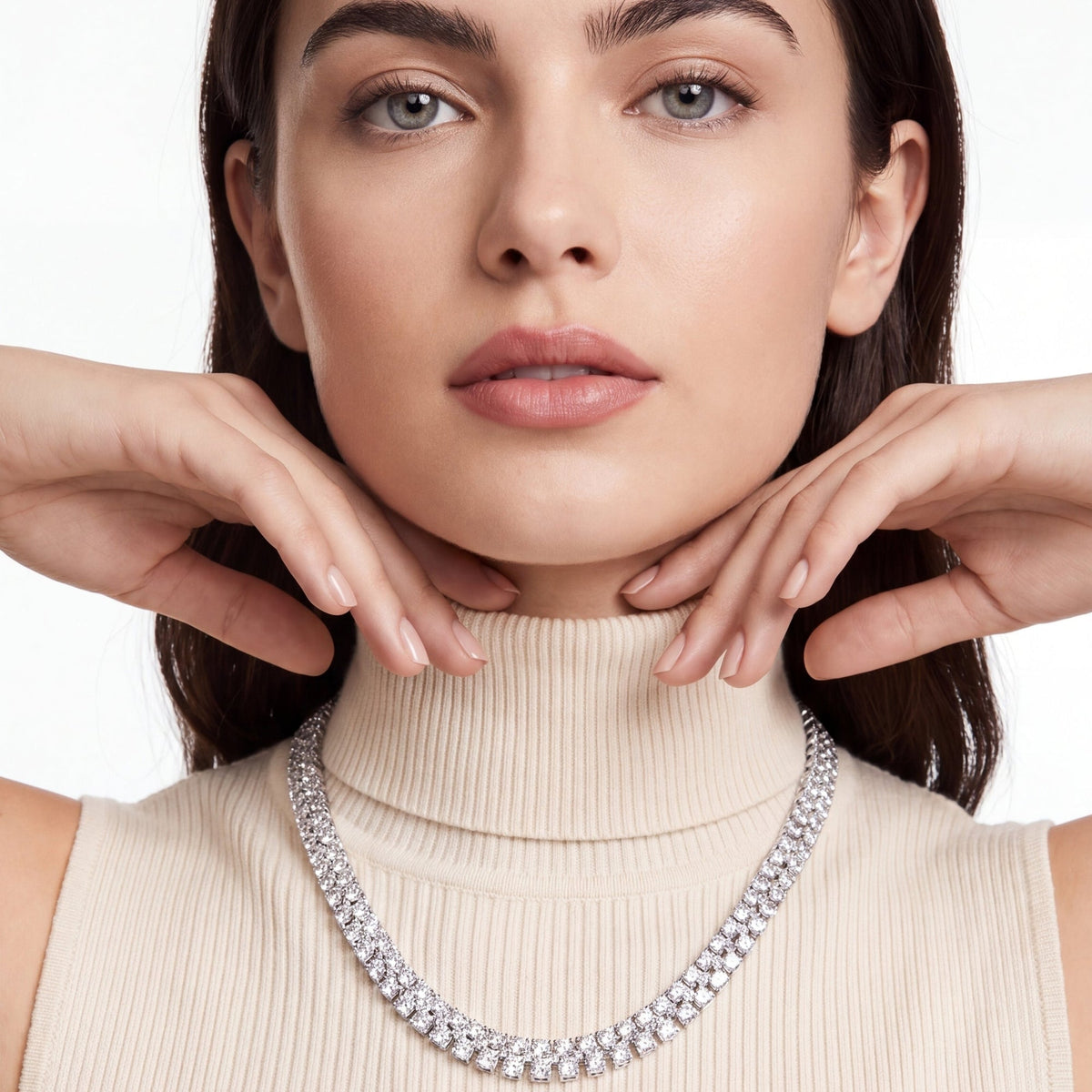 37.25 CT Round Brilliant Diamond Stacked Tennis Necklace in 18K White Gold, worn on model, view 1 - fine jewelry in San Francisco