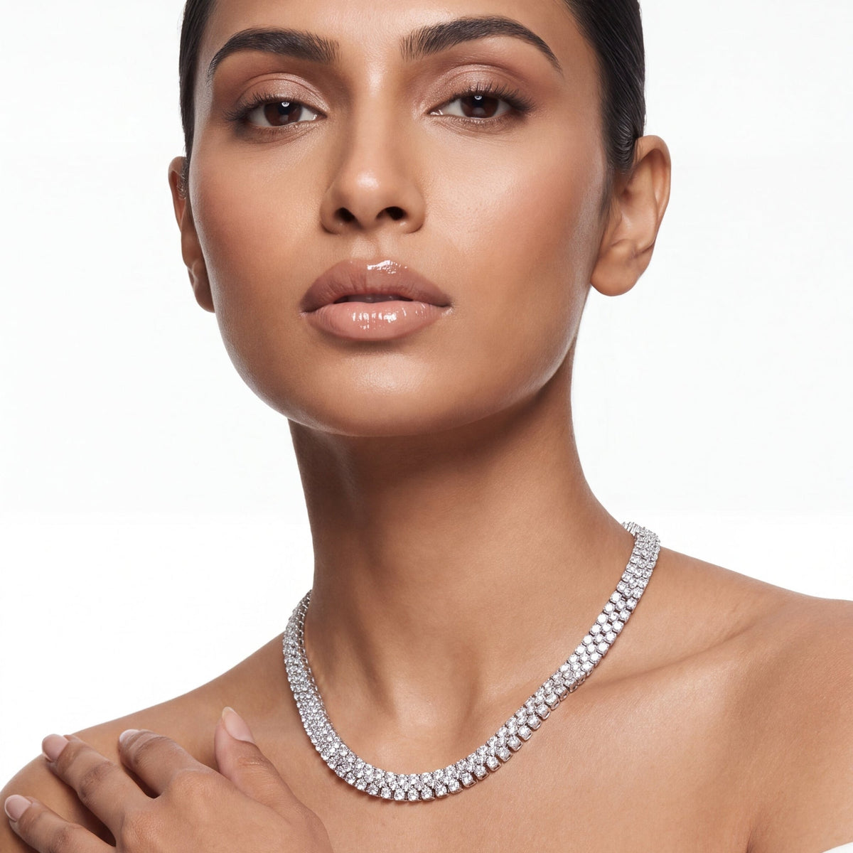 37.25 CT Round Brilliant Diamond Stacked Tennis Necklace in 18K White Gold, worn on model, view 3 - fine jewelry in San Francisco