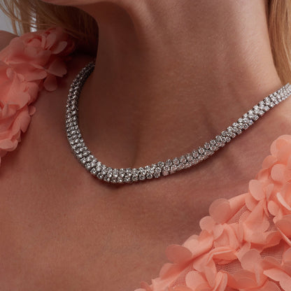 37.25 CT Round Brilliant Diamond Stacked Tennis Necklace in 18K White Gold, worn on model, view 4 - fine jewelry in San Francisco