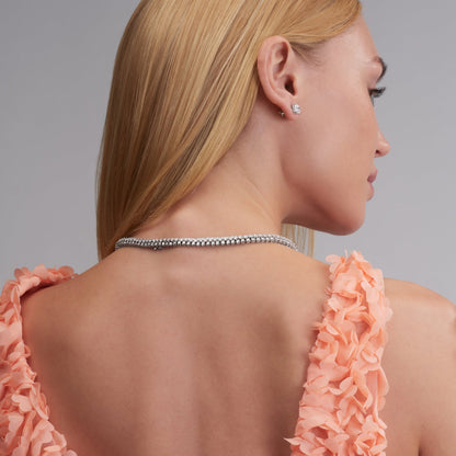 37.25 CT Round Brilliant Diamond Stacked Tennis Necklace in 18K White Gold, back view worn on model, view 5 - fine jewelry in San Francisco