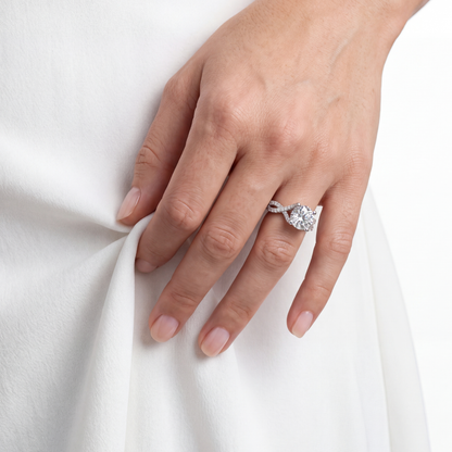2.60 CT. Round Brilliant and Hidden Halo Diamond Ring with Pave Twisted Band in Platinum - worn on model