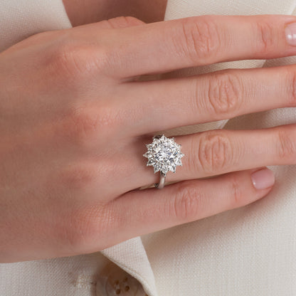 4.53 CT. Round Brilliant and Pear Cut Diamond Flower Ring in Platinum - worn on model