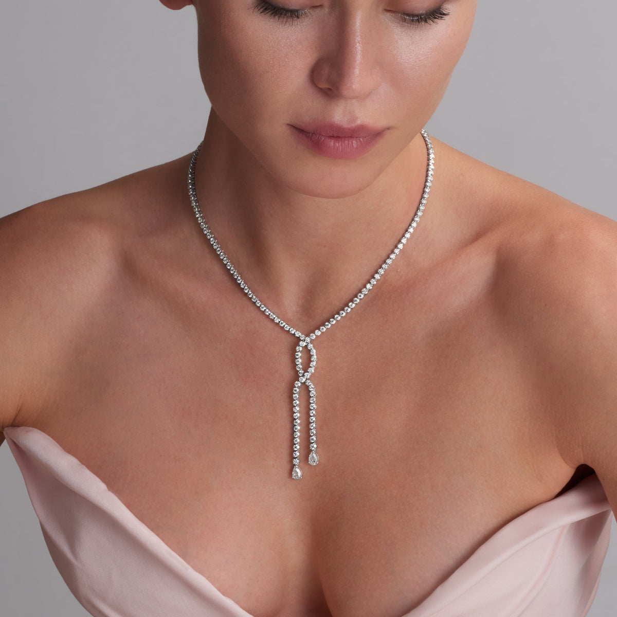 11.34 CT. Round Brilliant and Pear Cut Diamond Ended Lariat Necklace in 18K White Gold - worn on model