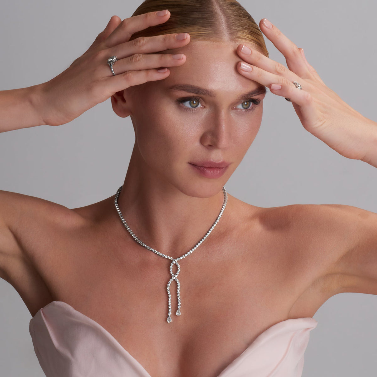 11.34 CT. Round Brilliant and Pear Cut Diamond Ended Lariat Necklace in 18K White Gold - worn on model