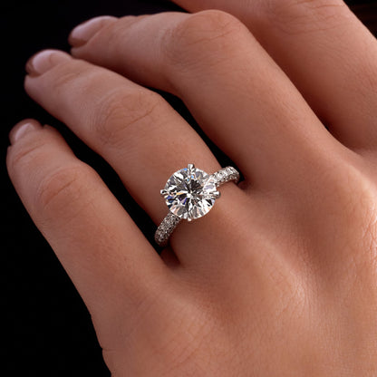 3.03 CT. Round Brilliant Solitaire Diamond Pave Engagement Ring in Platinum - worn on model