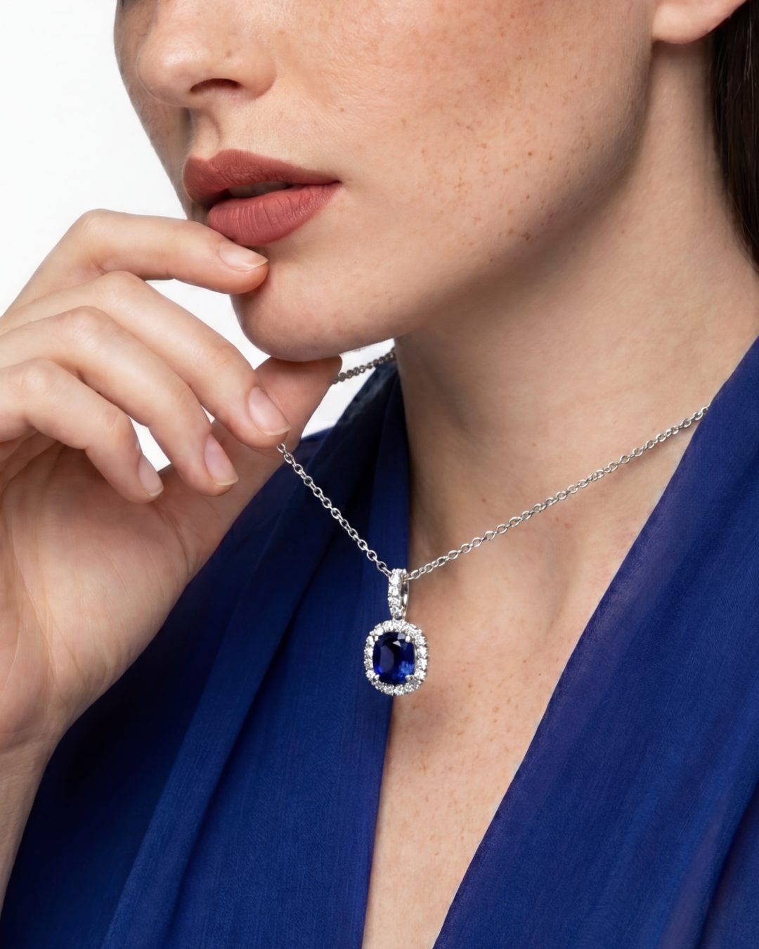 2.22 CT Sapphire and Diamond Cushion Cut Halo Pendant on Chain Necklace, worn on model - fine jewelry in San Francisco