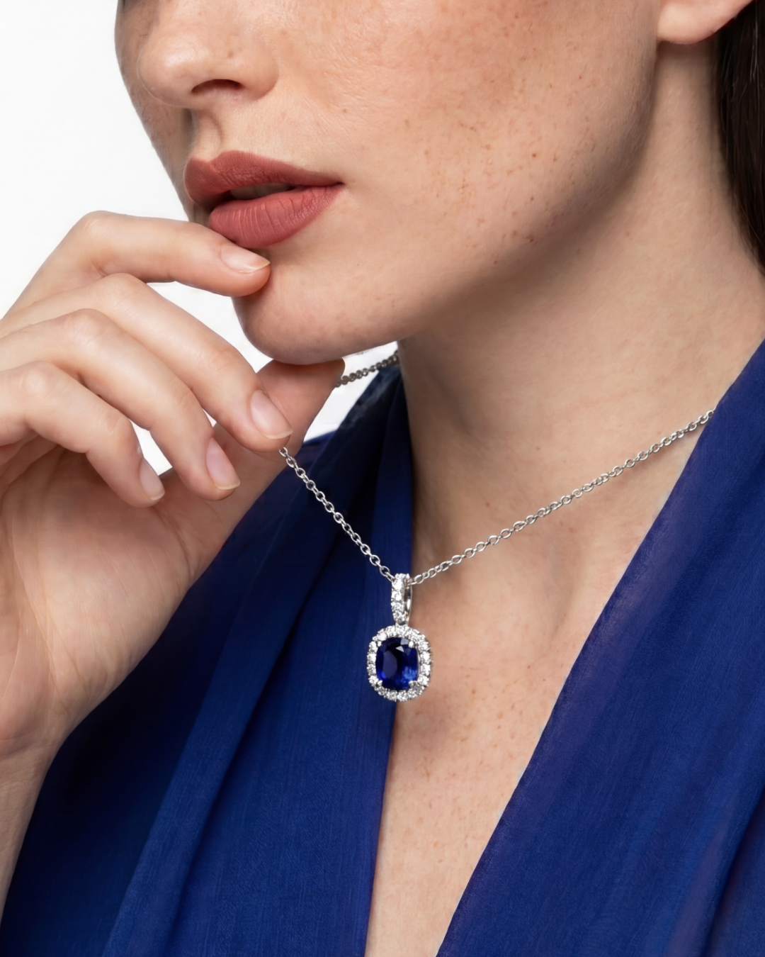 2.22 CT Sapphire and Diamond Cushion Cut Halo Pendant on Chain Necklace, worn on model - fine jewelry in San Francisco