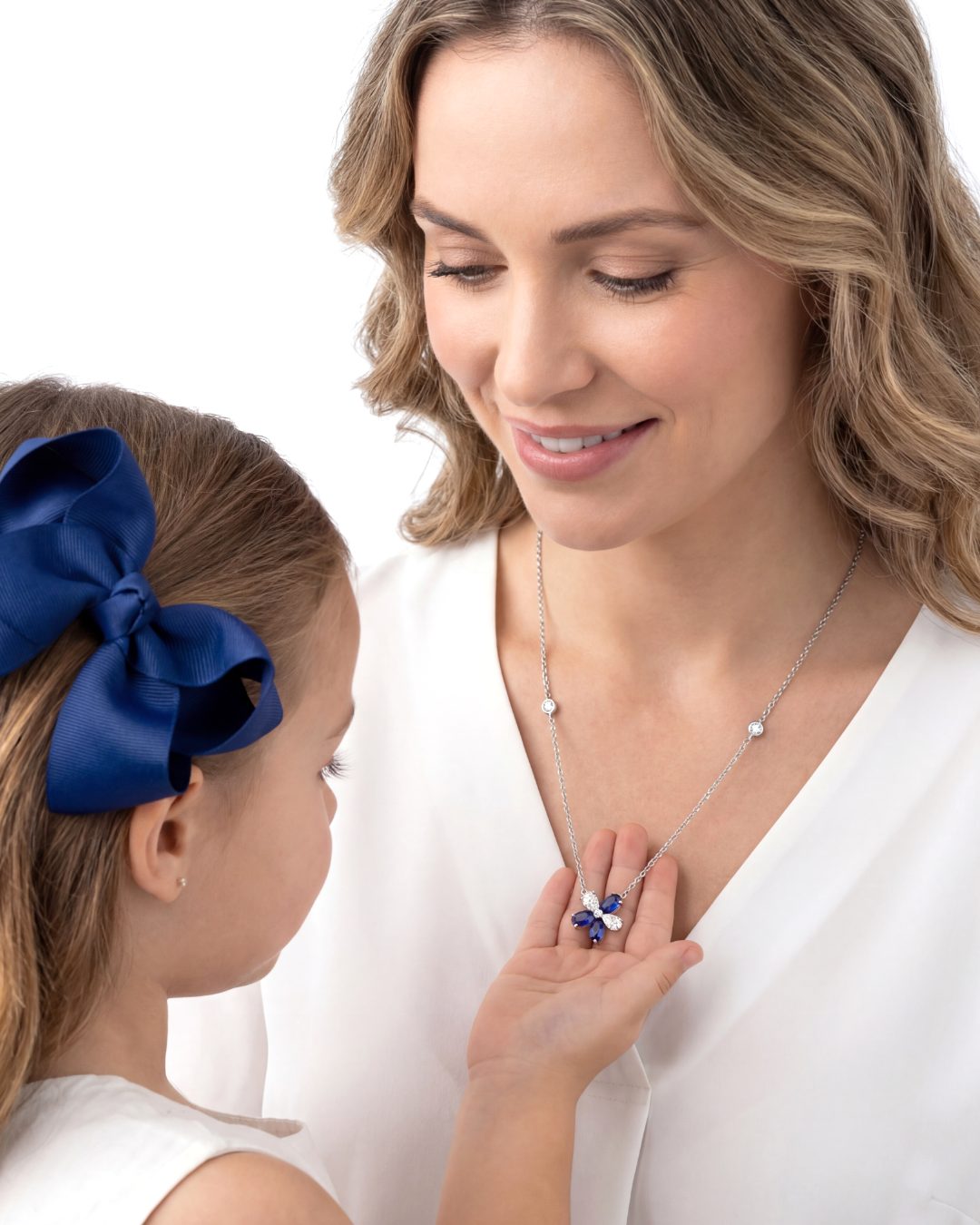 5.36 CT Sapphire and Diamond Floral Cluster Pendant on Sapphire and Diamond Station Chain Necklace, worn on model - fine jewelry in San Francisco