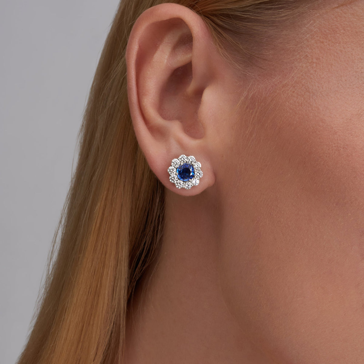3.78 CT. Sapphire and Round Brilliant Diamond Halo Flower Stud Earrings in 14K White Gold - worn on model