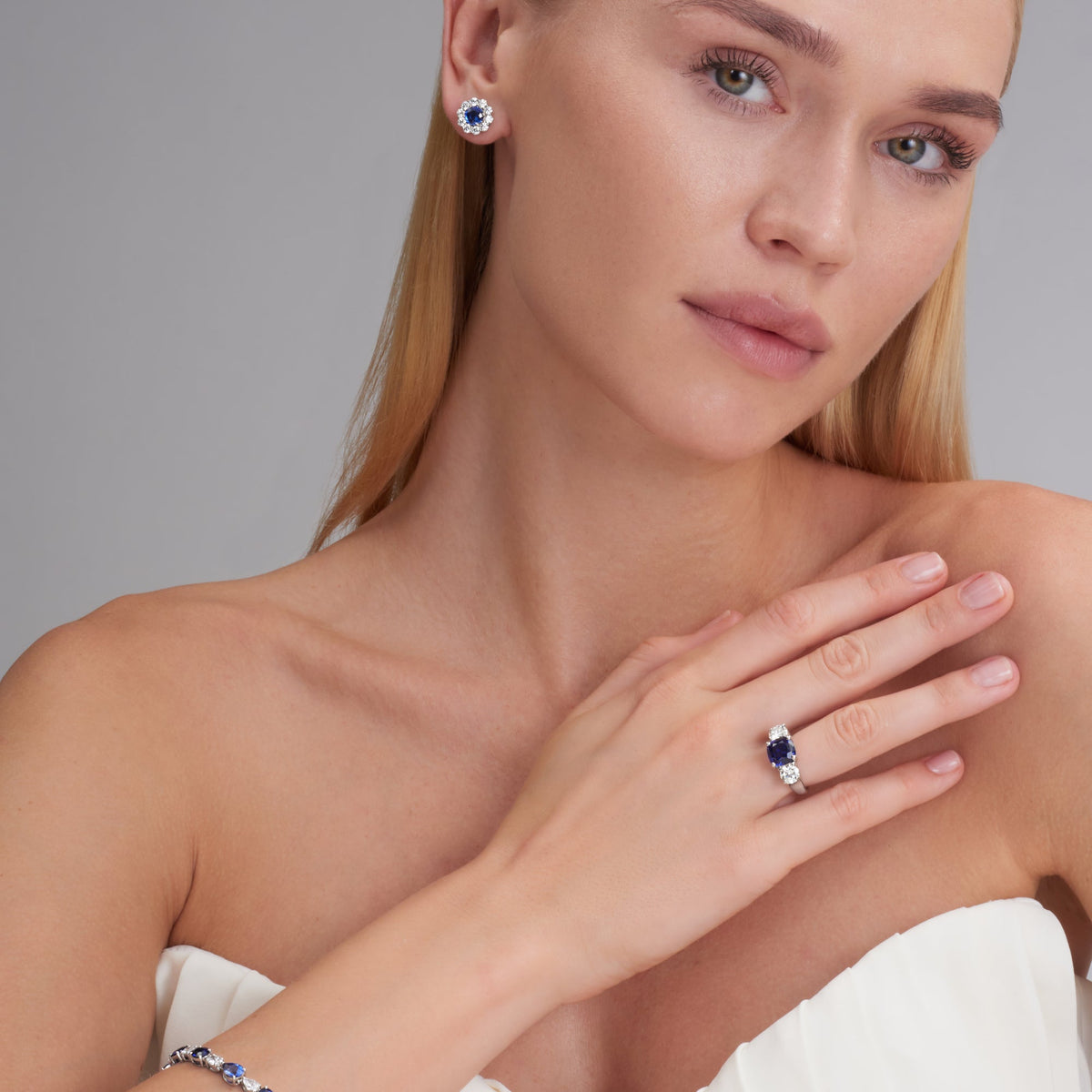 3.78 CT. Sapphire and Round Brilliant Diamond Halo Flower Stud Earrings in 14K White Gold - worn on model