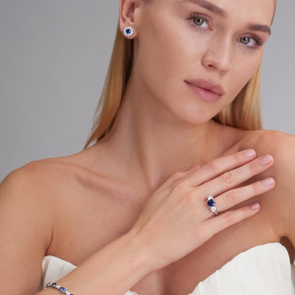 3.78 CT. Sapphire and Round Brilliant Diamond Halo Flower Stud Earrings in 14K White Gold - worn on model
