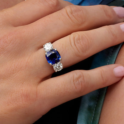 5.85 CT. Sapphire &amp; Round Brilliant Diamond Three Stone Ring in Platinum - worn on model