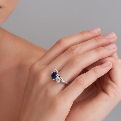 5.85 CT. Sapphire and Round Brilliant Diamond Three Stone Ring in Platinum - worn on model