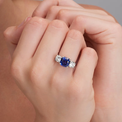 5.85 CT. Sapphire and Round Brilliant Diamond Three Stone Ring in Platinum - worn on model