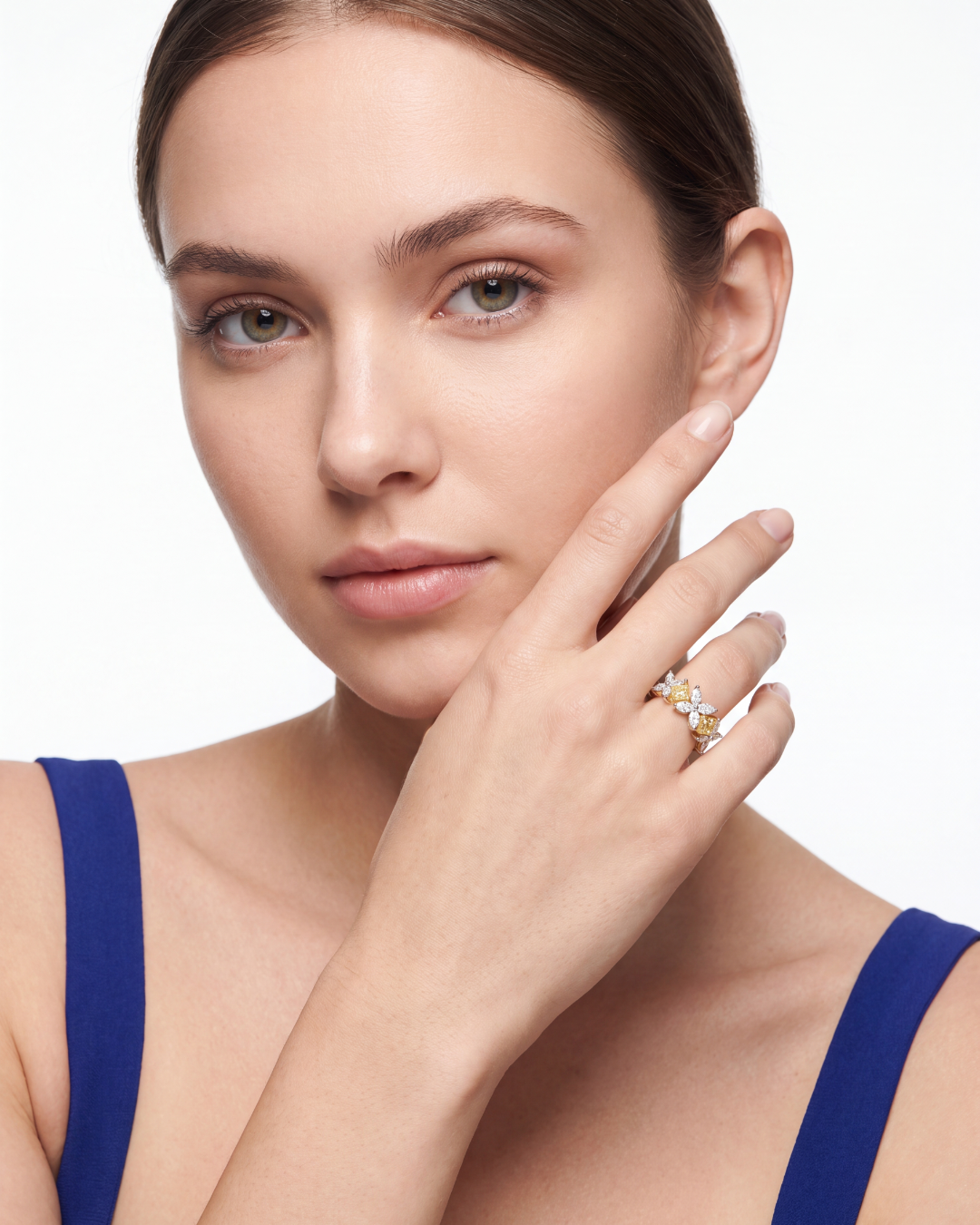 3.46 CT Square Fancy Yellow Diamond and Marquise Diamond Ring in 18K Yellow Gold and Platinum, worn on model - fine jewelry in San Francisco